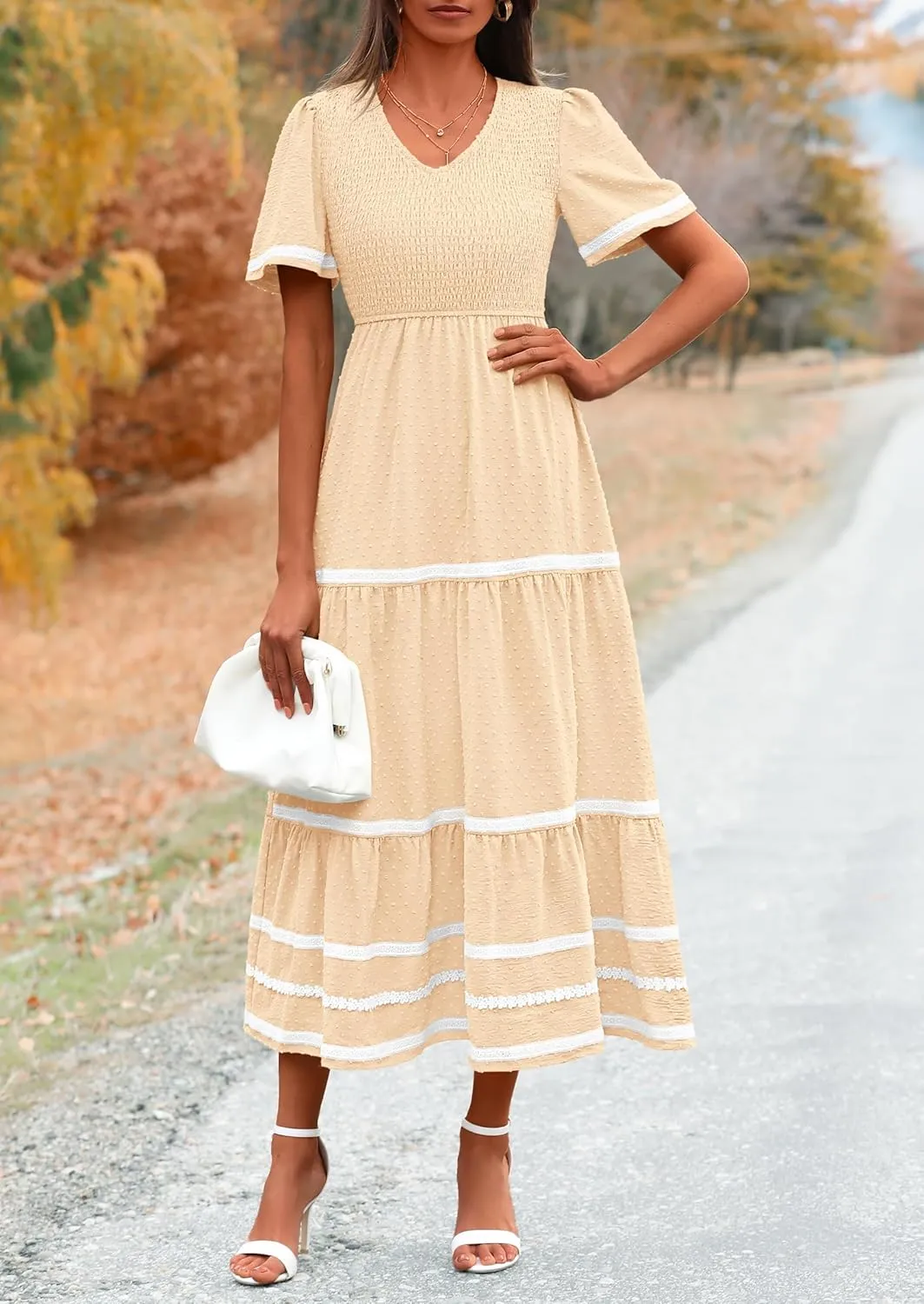 PRETTYGARDEN Women's Casual Summer Maxi Dress Short Sleeve Swiss Dot V Neck Smocked Long Flowy Beach Dresses
