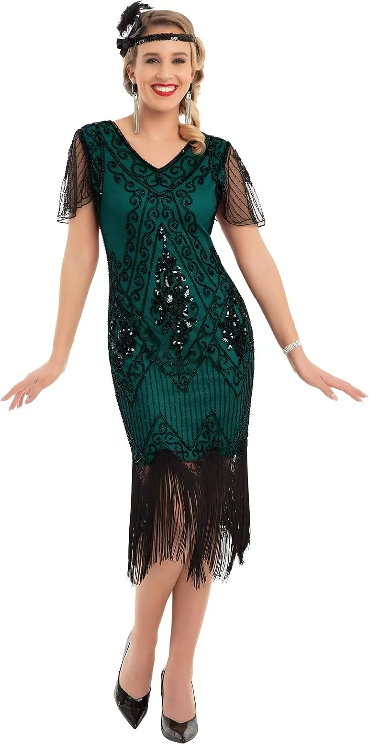 PrettyGuide Women's 1920s Dress Sequin Art Deco Flapper Dress with Sleeve