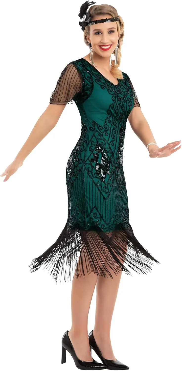 PrettyGuide Women's 1920s Dress Sequin Art Deco Flapper Dress with Sleeve