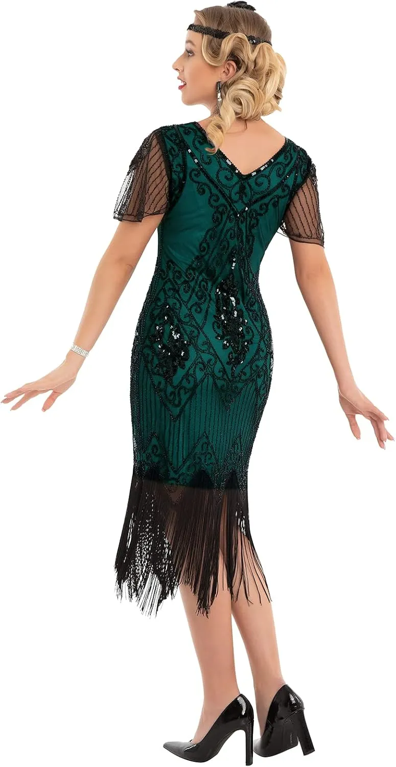 PrettyGuide Women's 1920s Dress Sequin Art Deco Flapper Dress with Sleeve