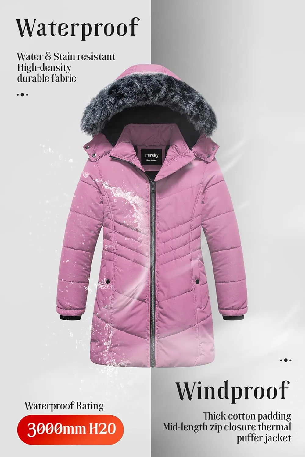 Pursky Girls' Warm Winter Coat Long Parka Fleece Lined Waterproof Puffer Jacket With Removable Hood
