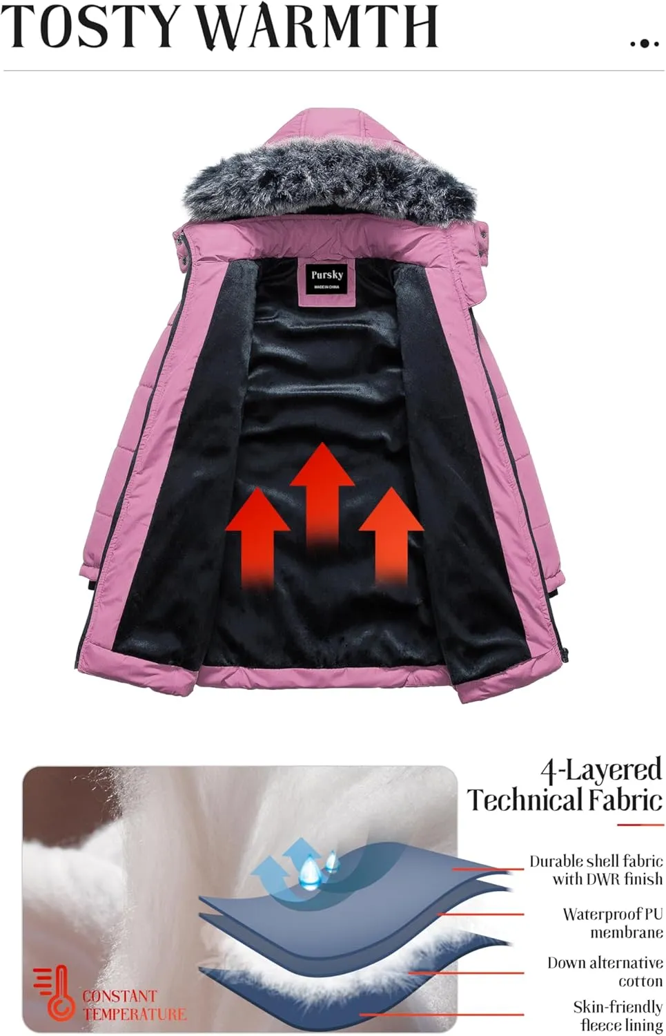 Pursky Girls' Warm Winter Coat Long Parka Fleece Lined Waterproof Puffer Jacket With Removable Hood
