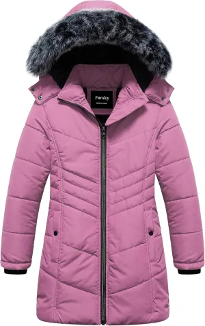 Pursky Girls' Warm Winter Coat Long Parka Fleece Lined Waterproof Puffer Jacket With Removable Hood