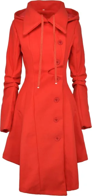 QZUnique Long Trench Pea Coat for Women - Wool Winter Trench Coat Goth Lapel Peacoat Outwear Thick Hood Pea Jacket Trenchcoat