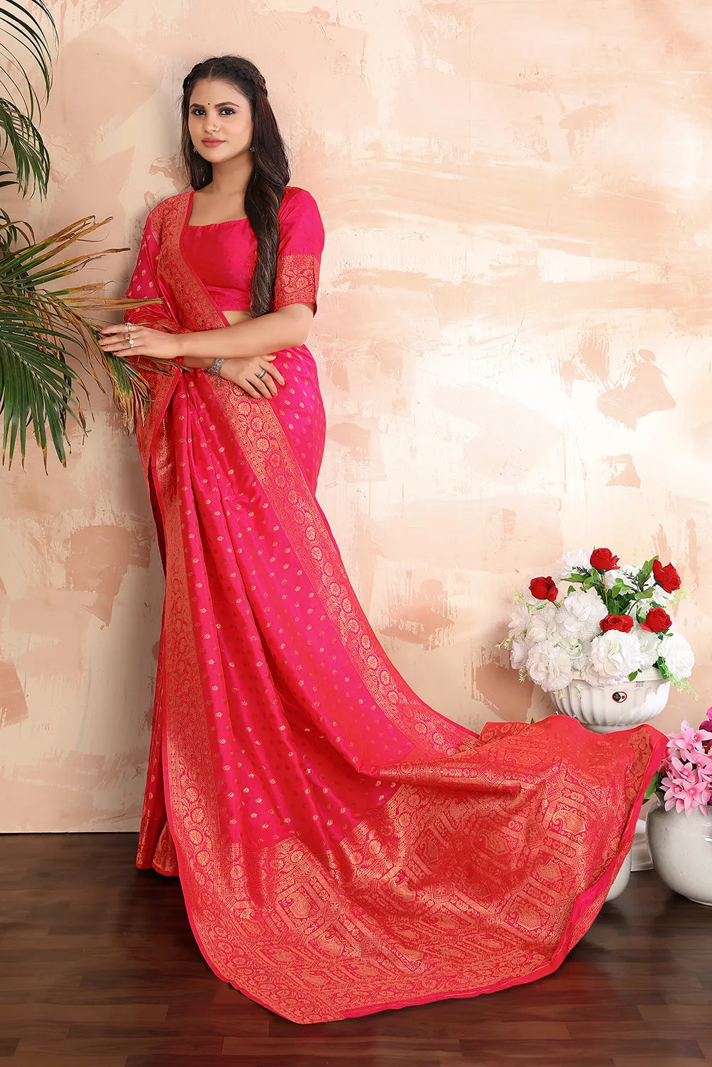 Rani Pink Color Banarasi Silk Zari Work Saree