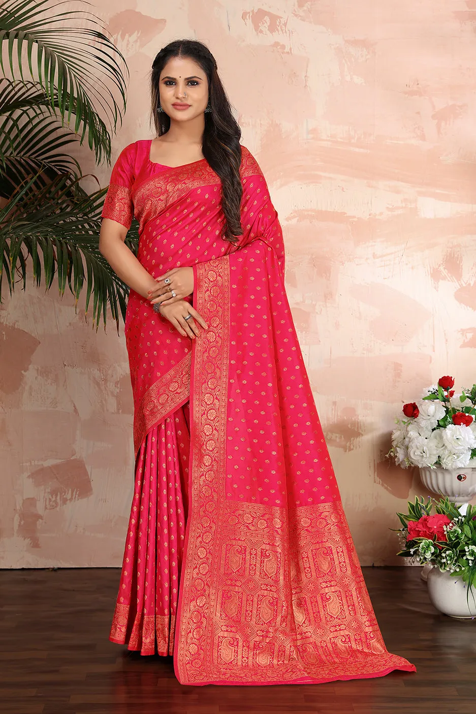 Rani Pink Color Banarasi Silk Zari Work Saree