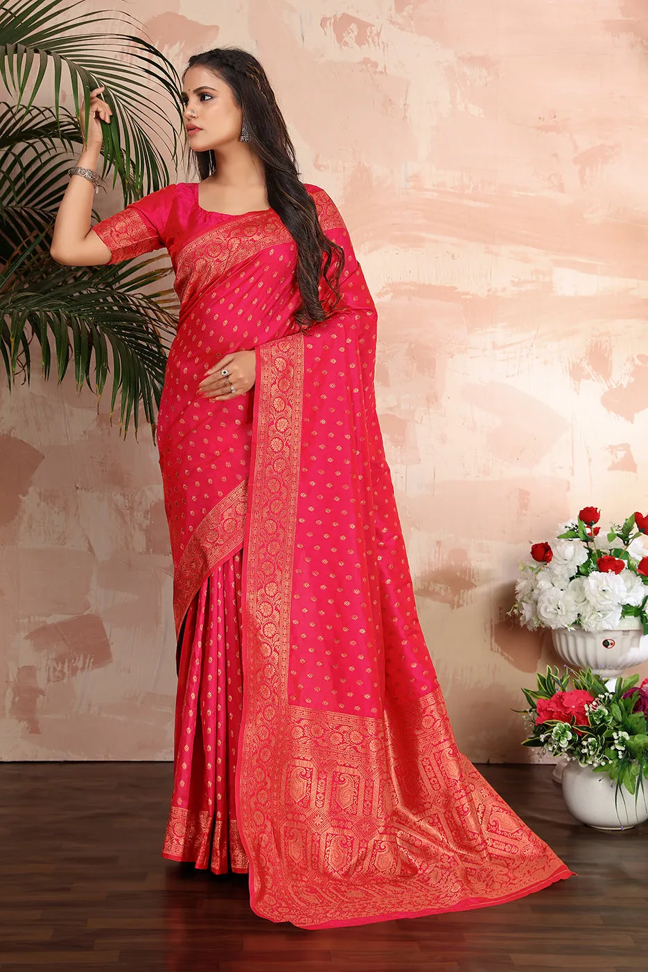 Rani Pink Color Banarasi Silk Zari Work Saree