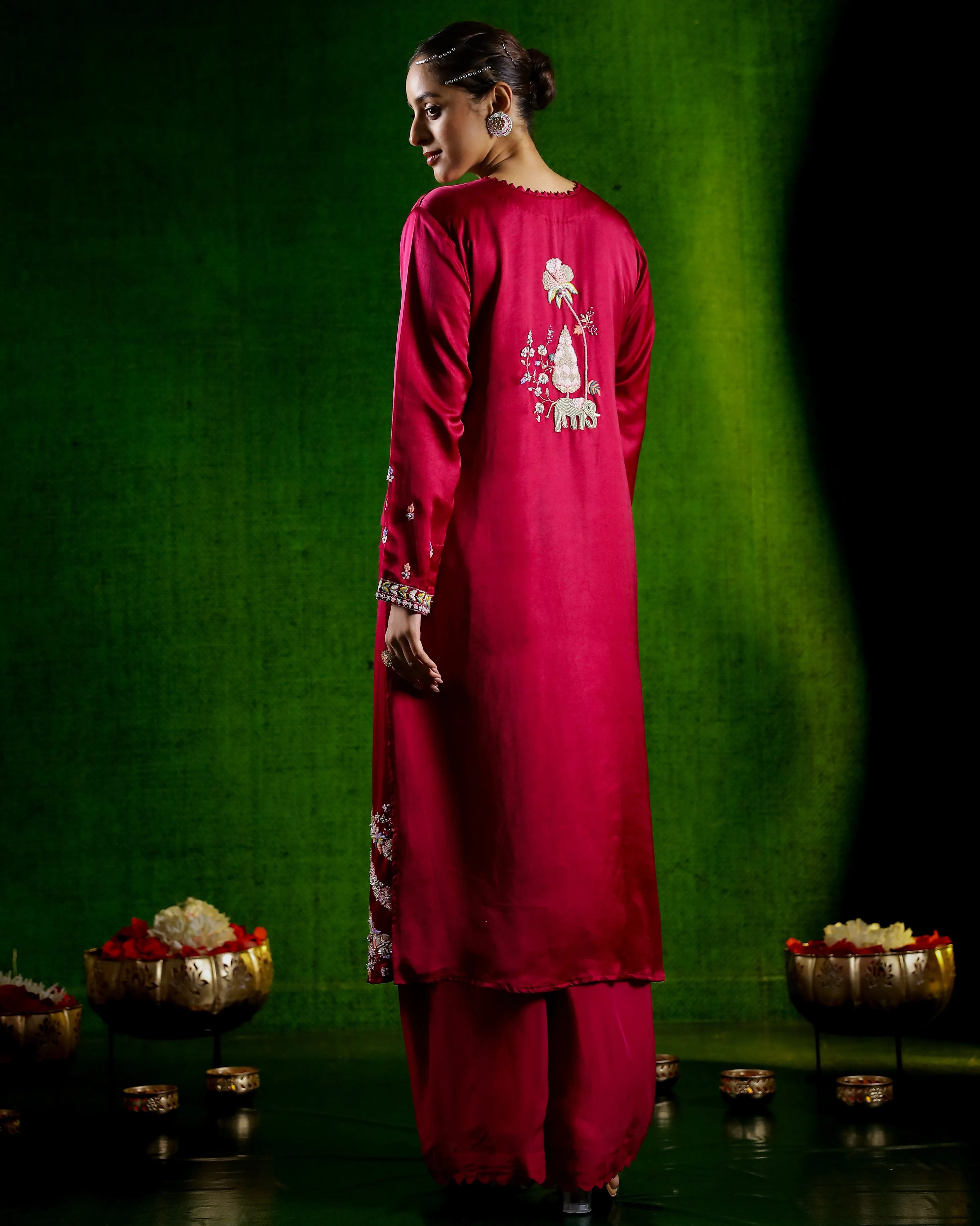 Rani Pink Embellished Satin Silk Palazzo Set