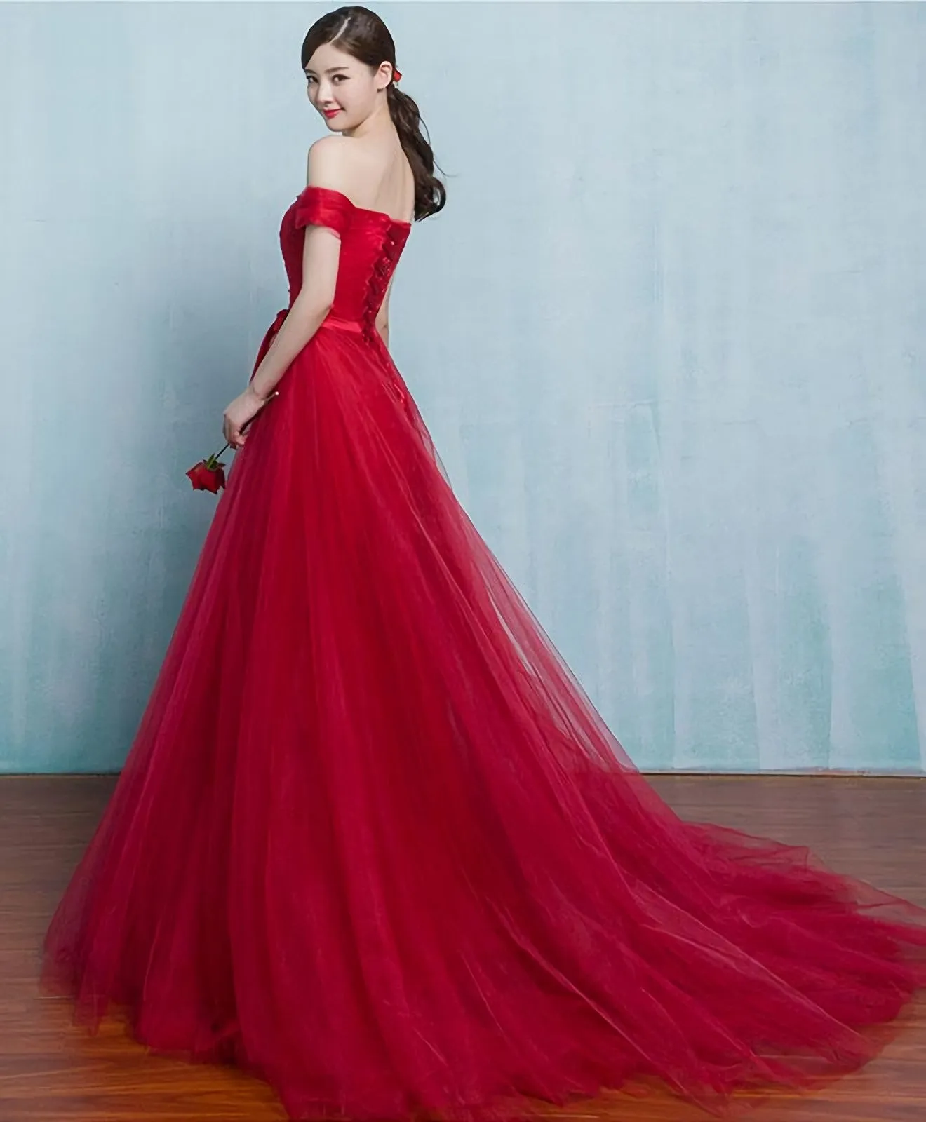 Red A Line Tulle Long Prom Gown Evening Dress