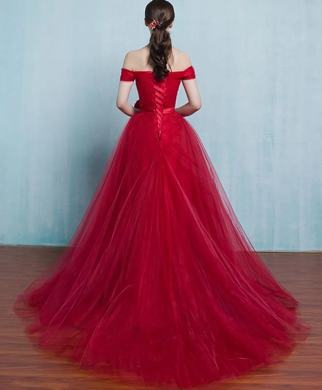 Red A Line Tulle Long Prom Gown Evening Dress