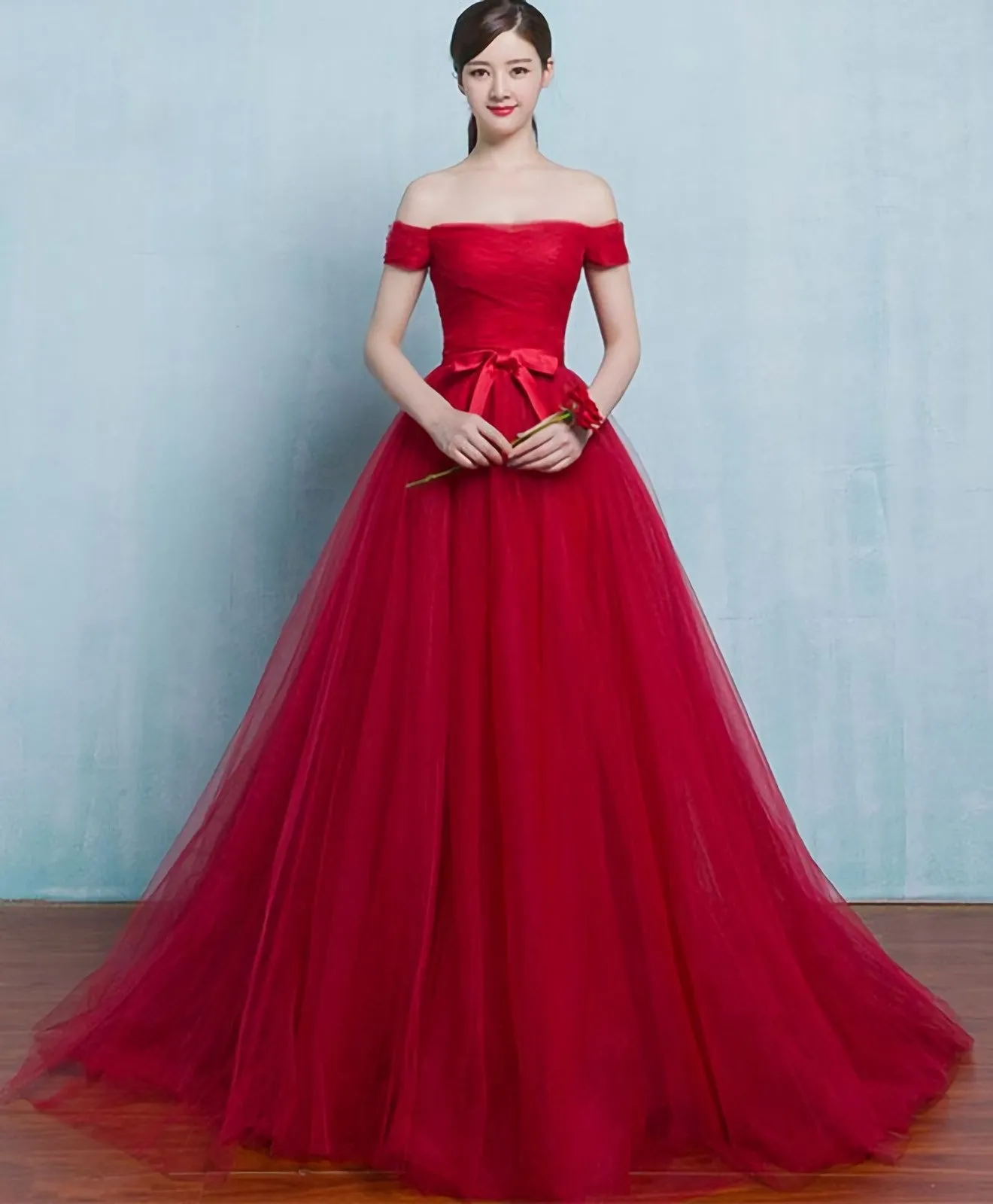 Red A Line Tulle Long Prom Gown Evening Dress