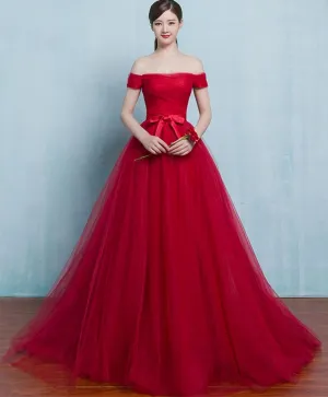 Red A Line Tulle Long Prom Gown Evening Dress
