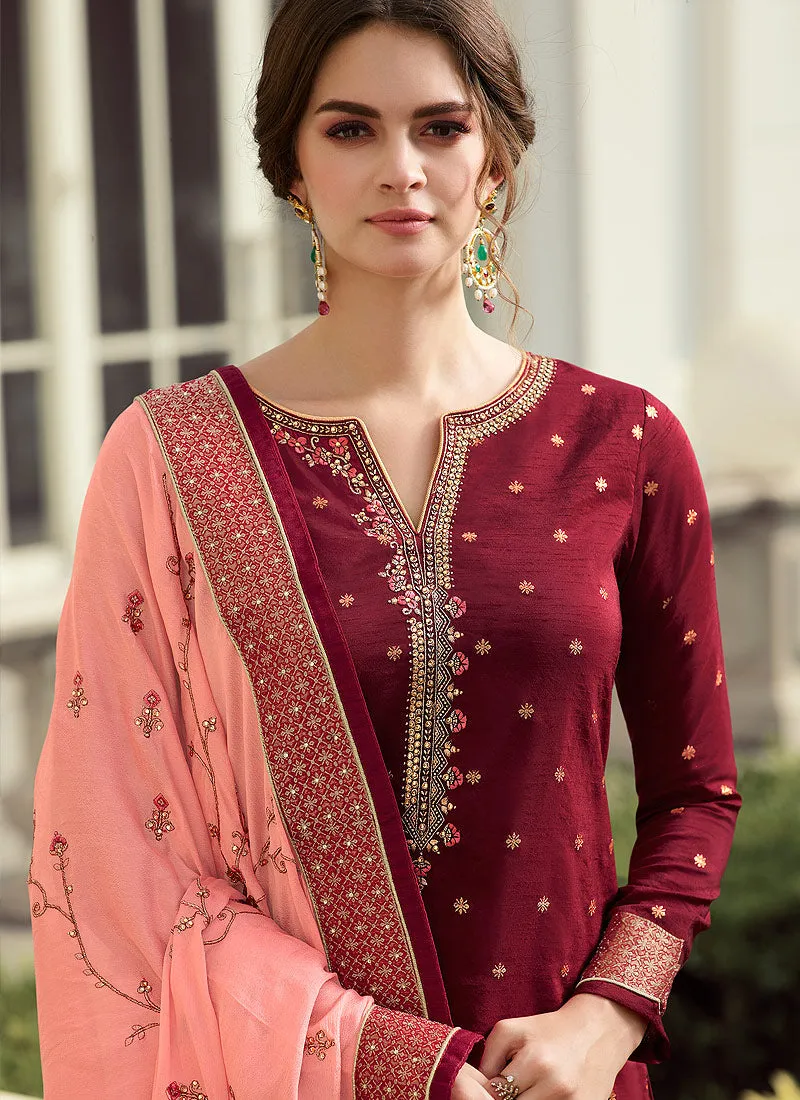 Red Multi Embroidered Palazzo Suit