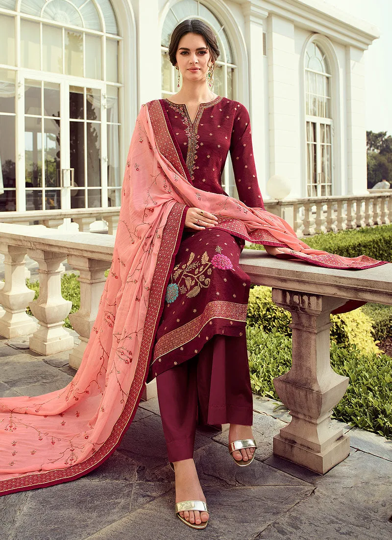 Red Multi Embroidered Palazzo Suit