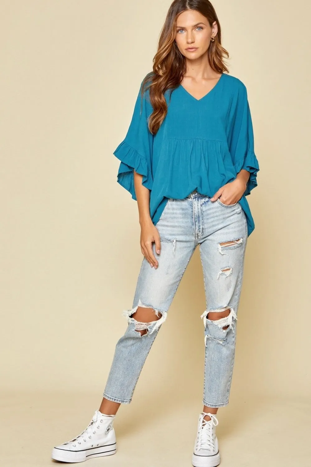 Ruffle Sleeve Top, Teal