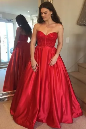 Satin Red Prom Wear Gown Dress With Beaded Bodice