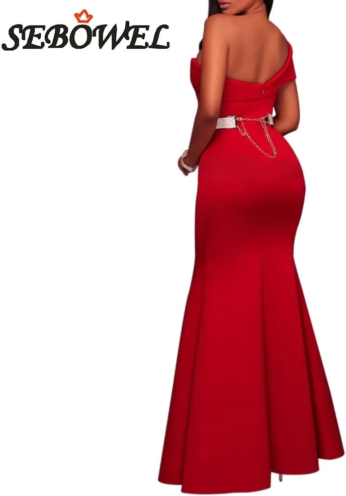 SEBOWEL Women's Sexy Off The Shoulder Bodycon Bow Applique Evening Gown Party Maxi Dress