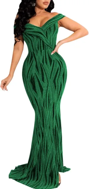 SEBOWEL Women's Sexy Off The Shoulder Bodycon Bow Applique Evening Gown Party Maxi Dress