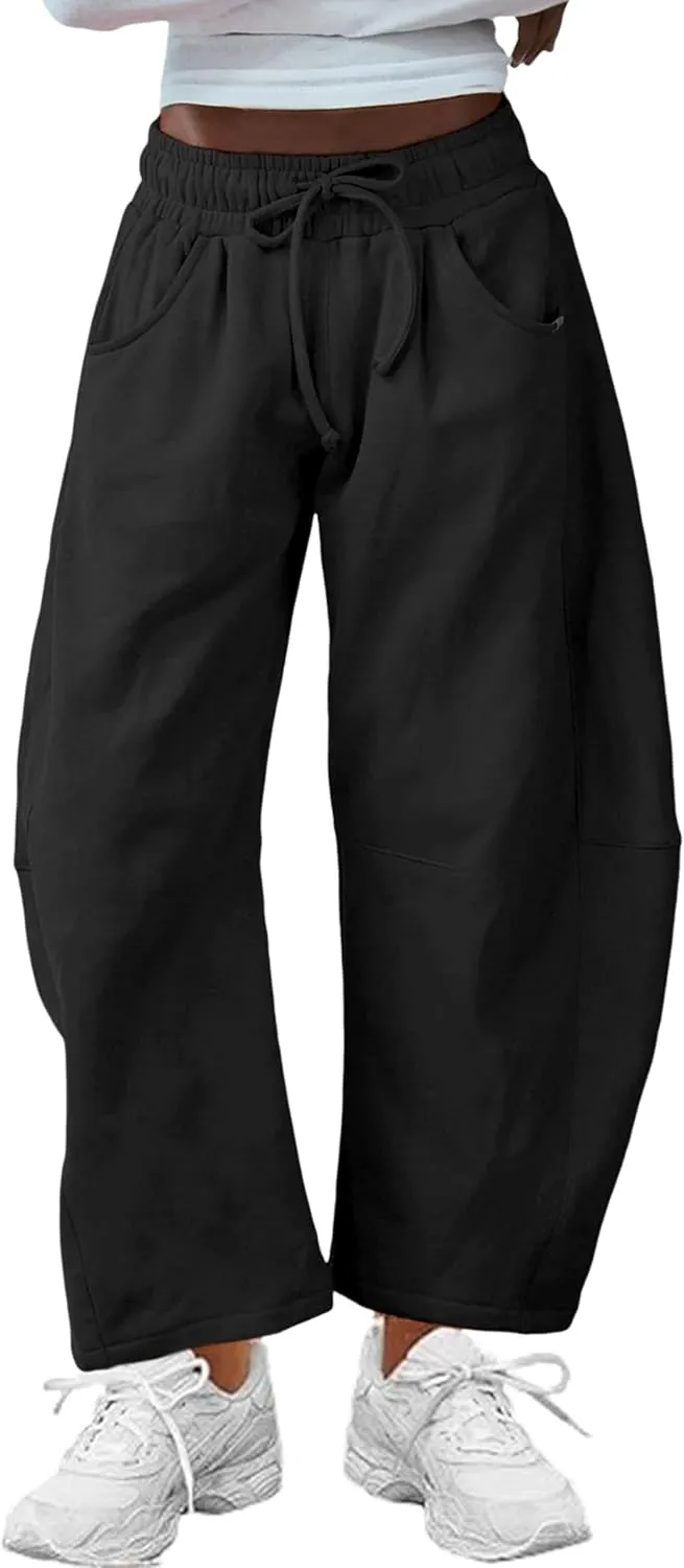 SeekMe Women's Barrel Leg Sweatpant Drawstring Elastic Waisted Wide Leg Pants Casual Cotton Palazzo Trousers with Pockets