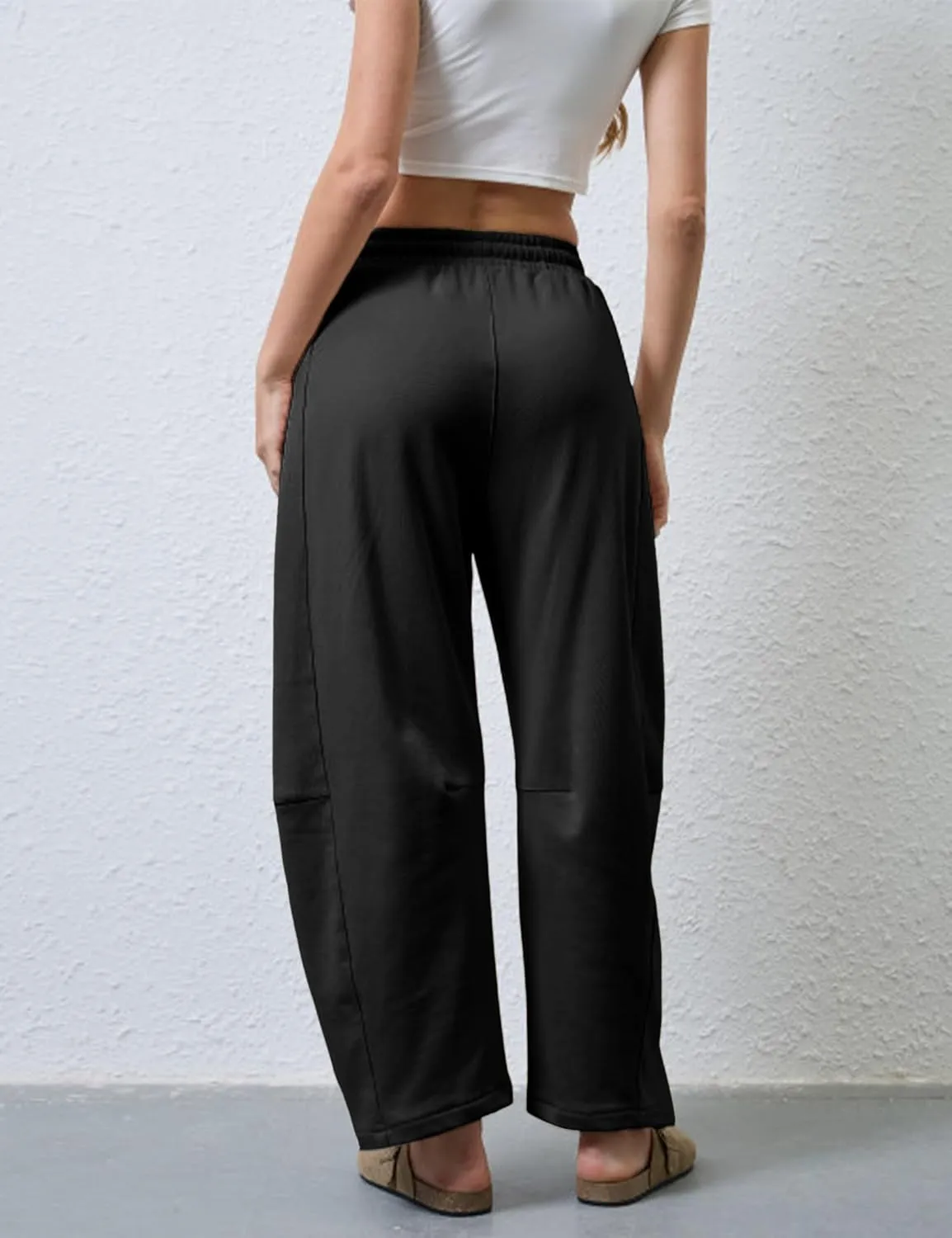 SeekMe Women's Barrel Leg Sweatpant Drawstring Elastic Waisted Wide Leg Pants Casual Cotton Palazzo Trousers with Pockets