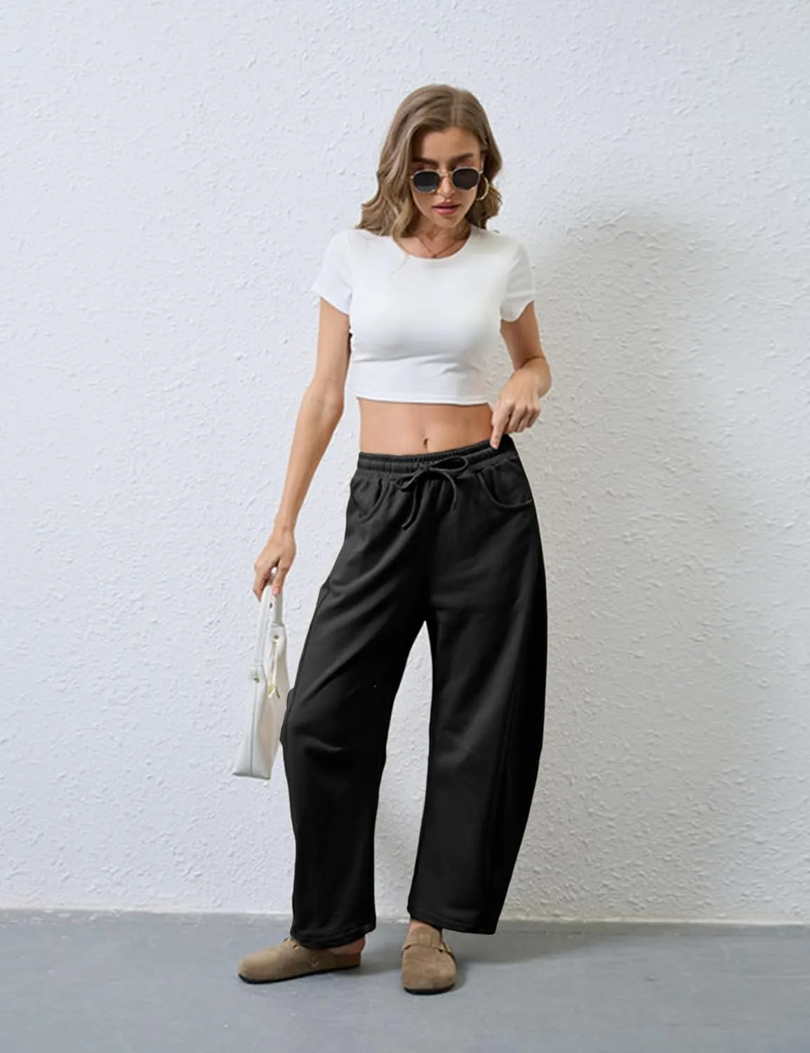 SeekMe Women's Barrel Leg Sweatpant Drawstring Elastic Waisted Wide Leg Pants Casual Cotton Palazzo Trousers with Pockets