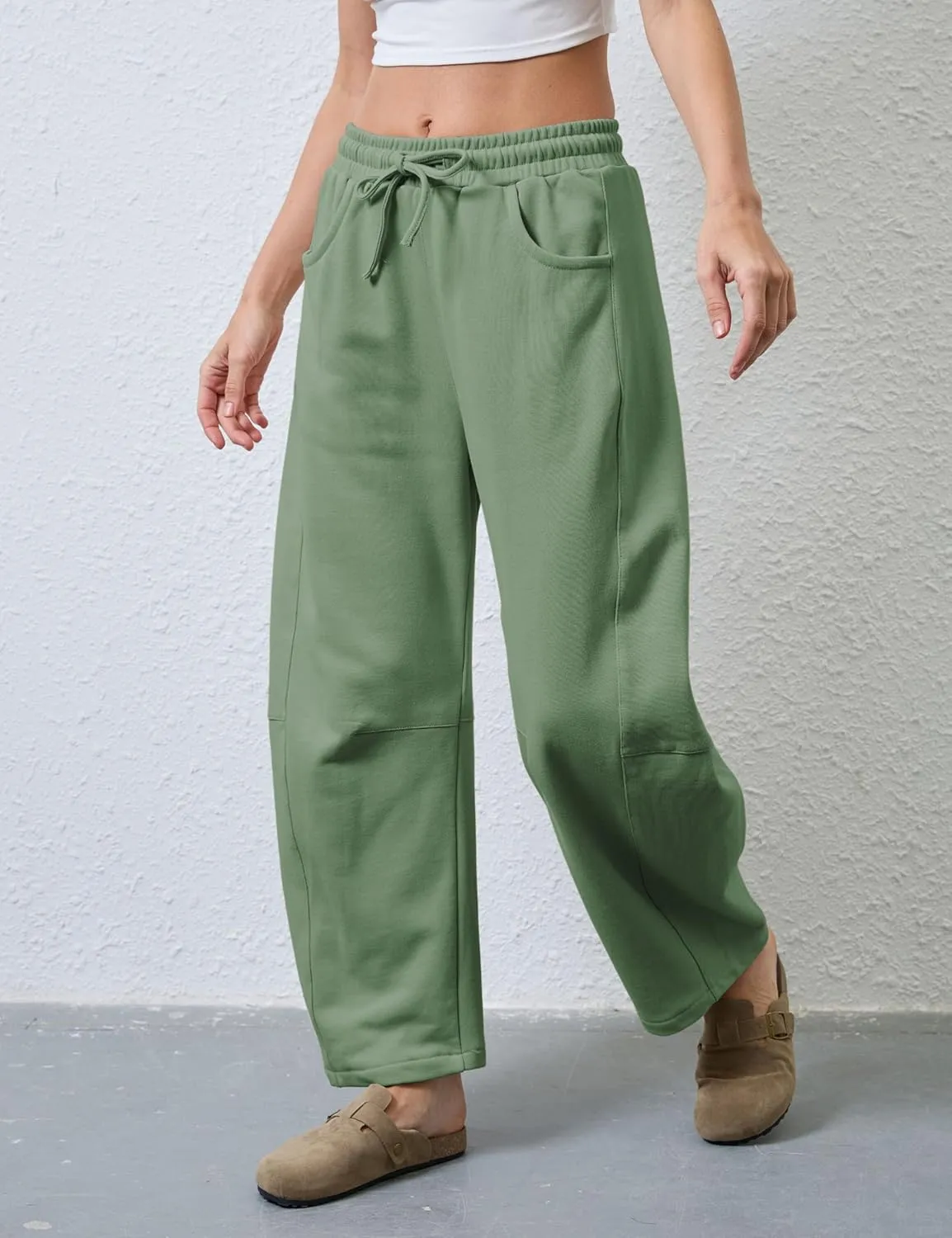 SeekMe Women's Barrel Leg Sweatpant Drawstring Elastic Waisted Wide Leg Pants Casual Cotton Palazzo Trousers with Pockets