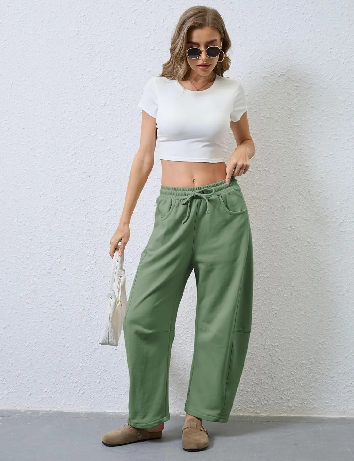 SeekMe Women's Barrel Leg Sweatpant Drawstring Elastic Waisted Wide Leg Pants Casual Cotton Palazzo Trousers with Pockets