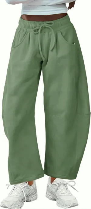 SeekMe Women's Barrel Leg Sweatpant Drawstring Elastic Waisted Wide Leg Pants Casual Cotton Palazzo Trousers with Pockets