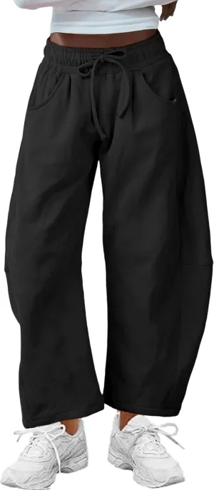 SeekMe Women's Barrel Leg Sweatpant Drawstring Elastic Waisted Wide Leg Pants Casual Cotton Palazzo Trousers with Pockets