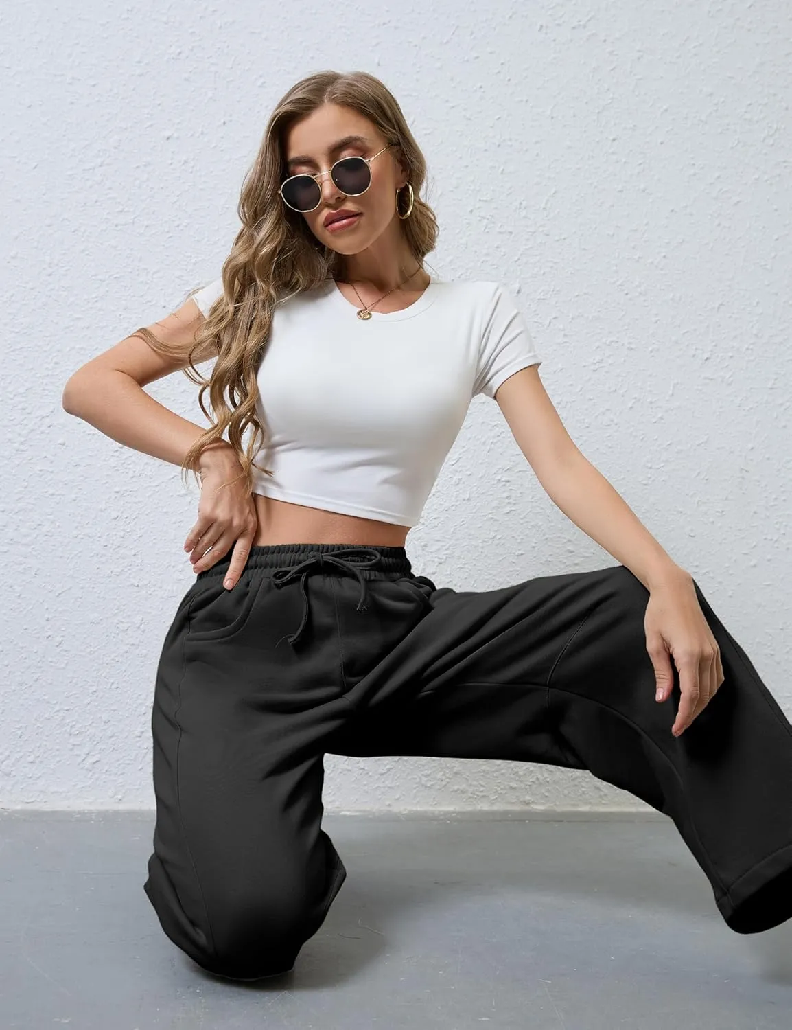 SeekMe Women's Barrel Leg Sweatpant Drawstring Elastic Waisted Wide Leg Pants Casual Cotton Palazzo Trousers with Pockets