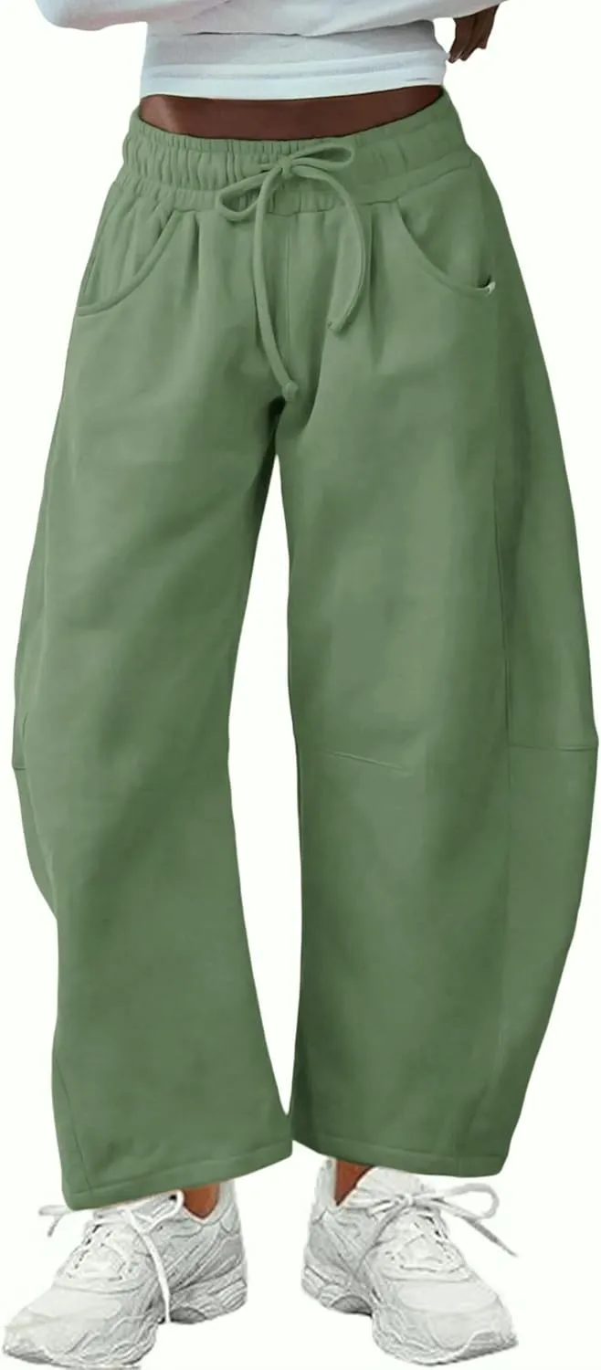 SeekMe Women's Barrel Leg Sweatpant Drawstring Elastic Waisted Wide Leg Pants Casual Cotton Palazzo Trousers with Pockets