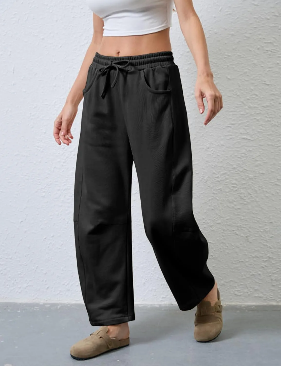 SeekMe Women's Barrel Leg Sweatpant Drawstring Elastic Waisted Wide Leg Pants Casual Cotton Palazzo Trousers with Pockets