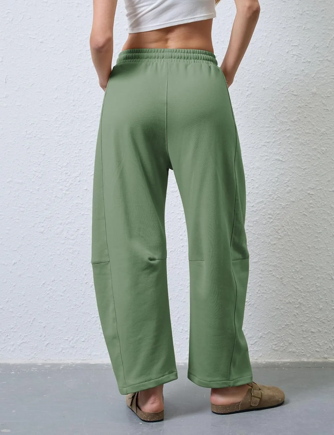 SeekMe Women's Barrel Leg Sweatpant Drawstring Elastic Waisted Wide Leg Pants Casual Cotton Palazzo Trousers with Pockets