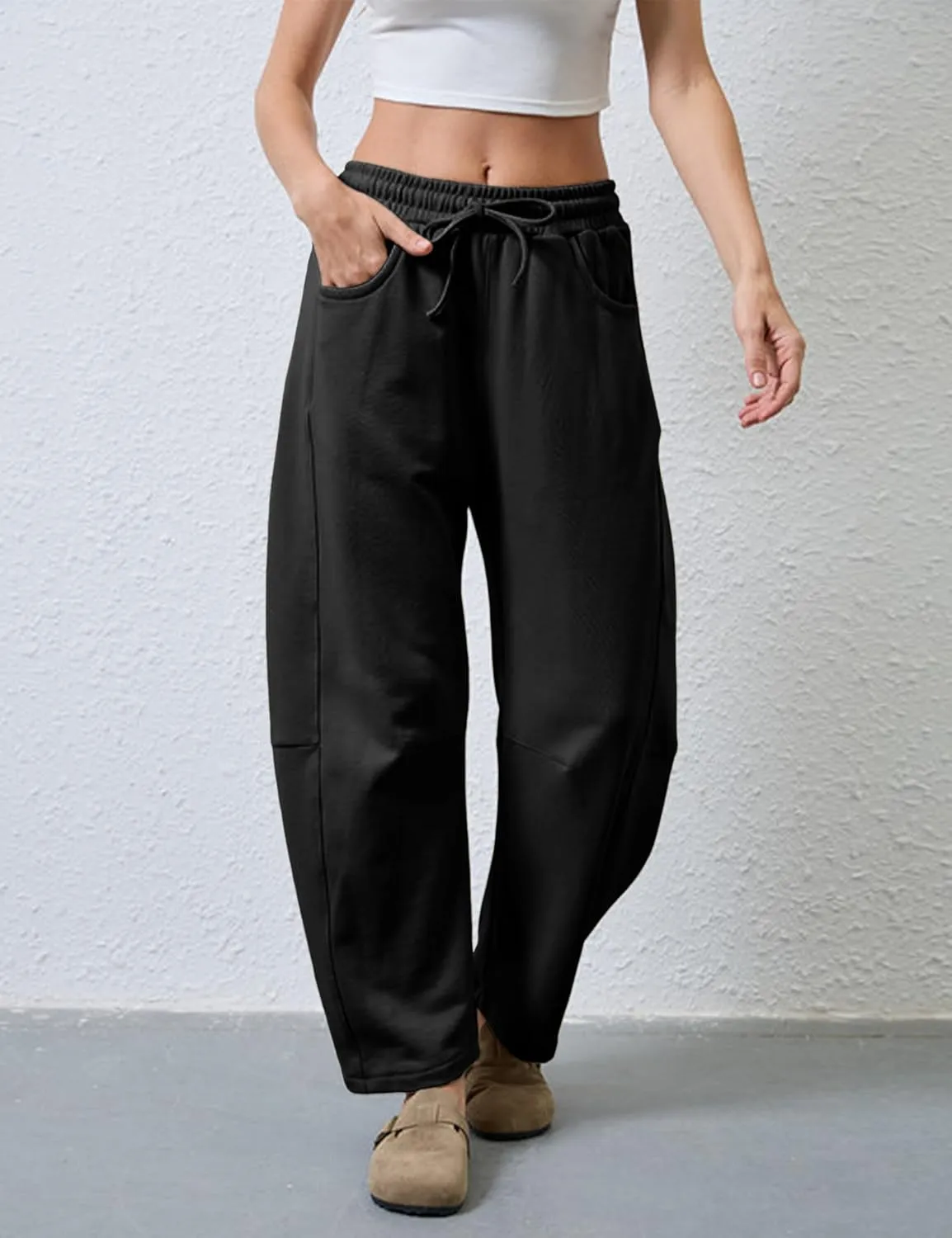 SeekMe Women's Barrel Leg Sweatpant Drawstring Elastic Waisted Wide Leg Pants Casual Cotton Palazzo Trousers with Pockets