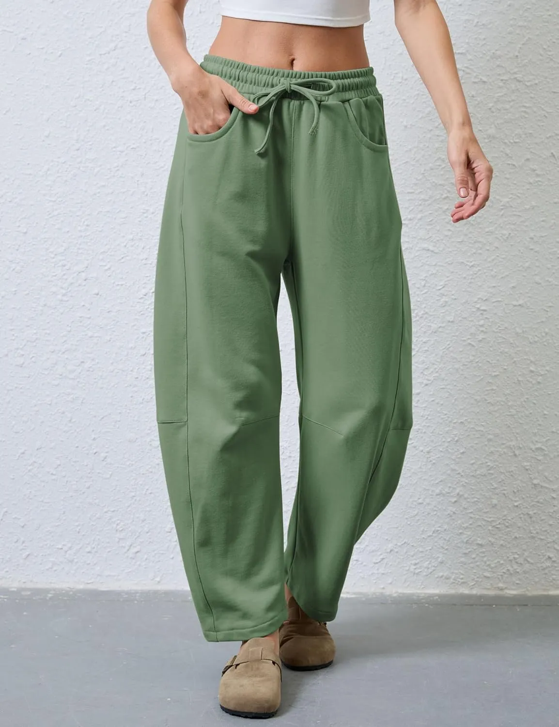 SeekMe Women's Barrel Leg Sweatpant Drawstring Elastic Waisted Wide Leg Pants Casual Cotton Palazzo Trousers with Pockets