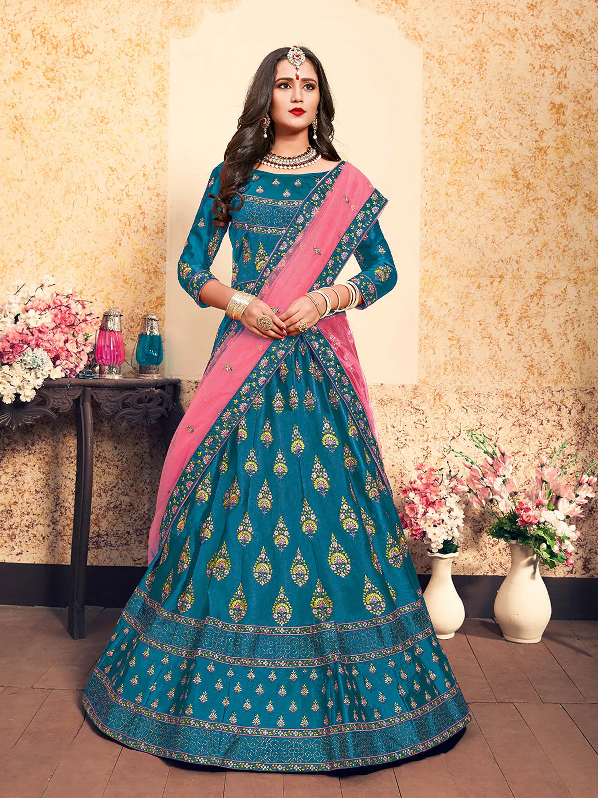 Semi Stitched Teal Embroidered Semi Stitched Lehenga With Unstitched Blouse