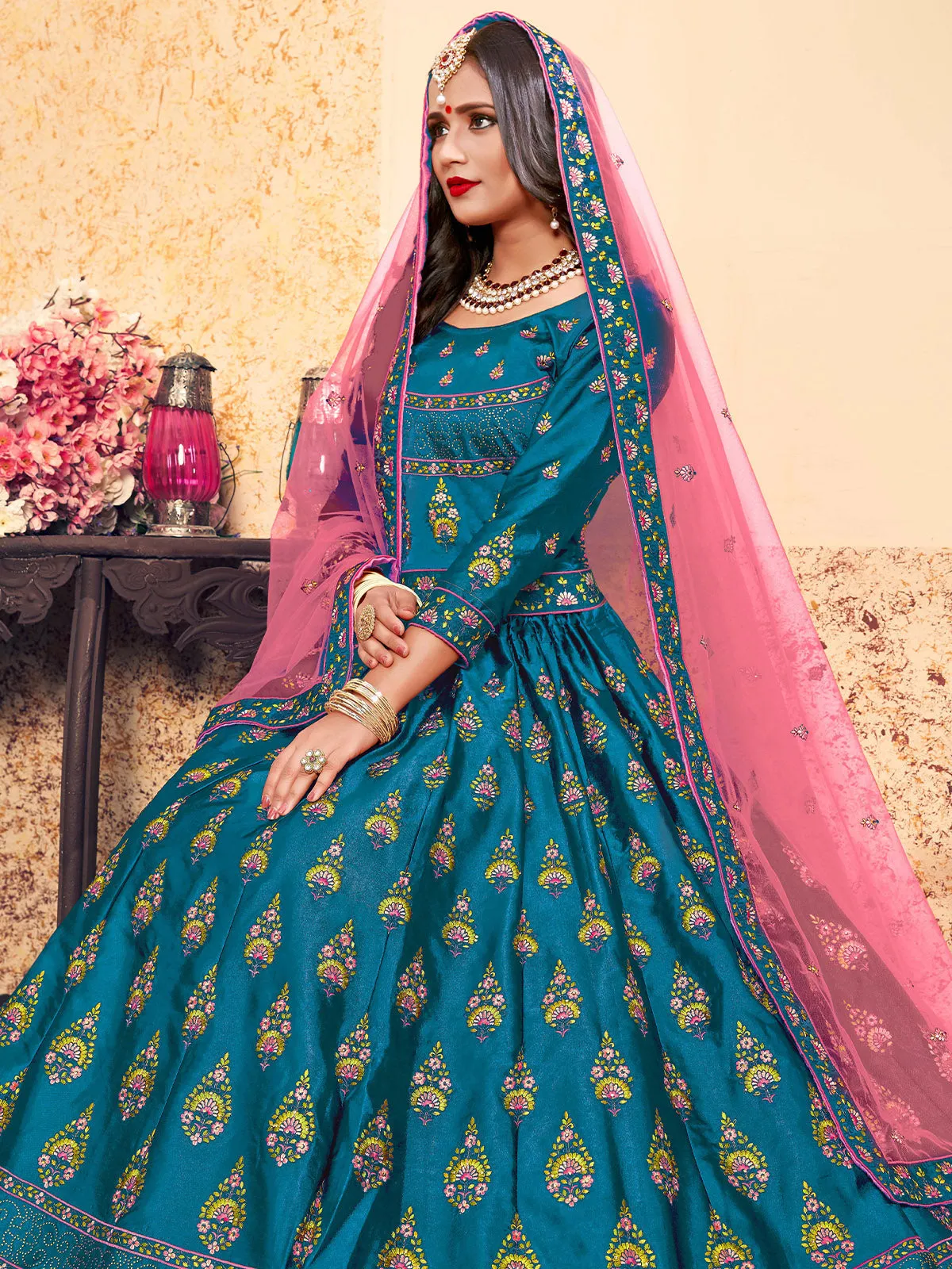 Semi Stitched Teal Embroidered Semi Stitched Lehenga With Unstitched Blouse