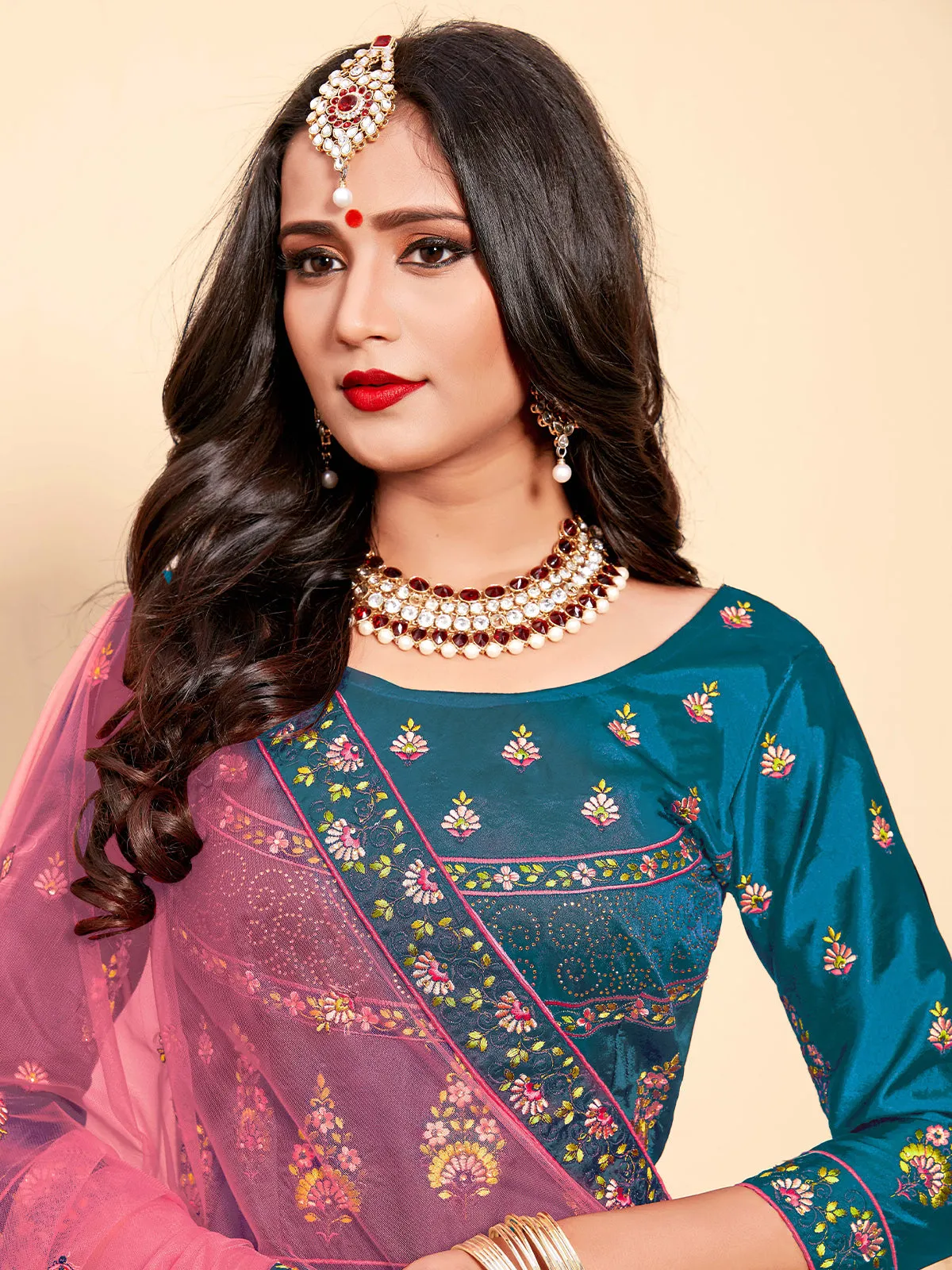 Semi Stitched Teal Embroidered Semi Stitched Lehenga With Unstitched Blouse