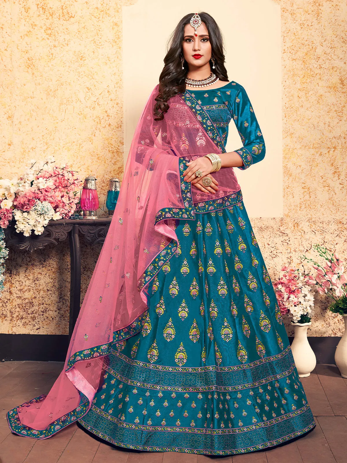 Semi Stitched Teal Embroidered Semi Stitched Lehenga With Unstitched Blouse