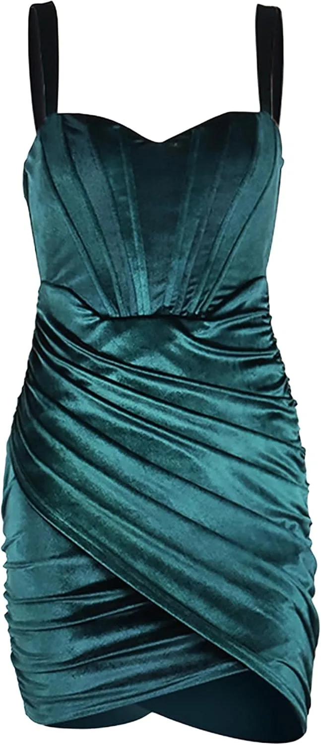 Sexyshine Women's Sexy Sleeveless Backless Strap Bodycon Dress Chic Velvet Ruched Pleated Elegant Mini Club Party Dress