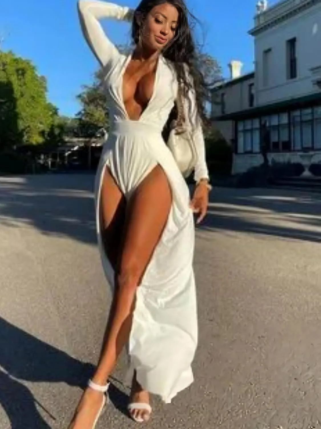 SILUI Women's Summer 2025 Sexy Double High Slit Deep V Neck Plus Size Sundresses Thigh Split Maxi Club Party Dresses