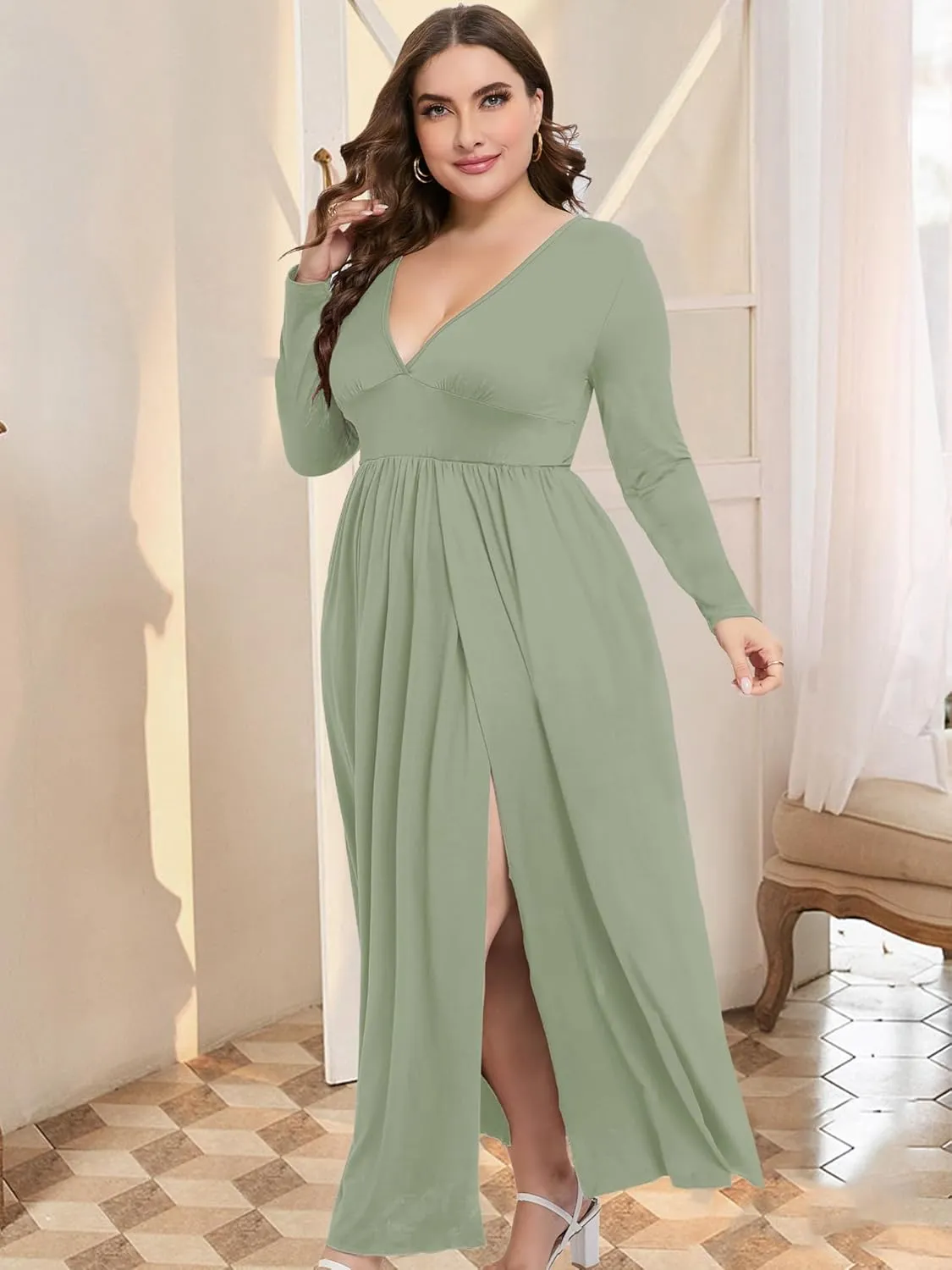 SILUI Women's Summer 2025 Sexy Double High Slit Deep V Neck Plus Size Sundresses Thigh Split Maxi Club Party Dresses