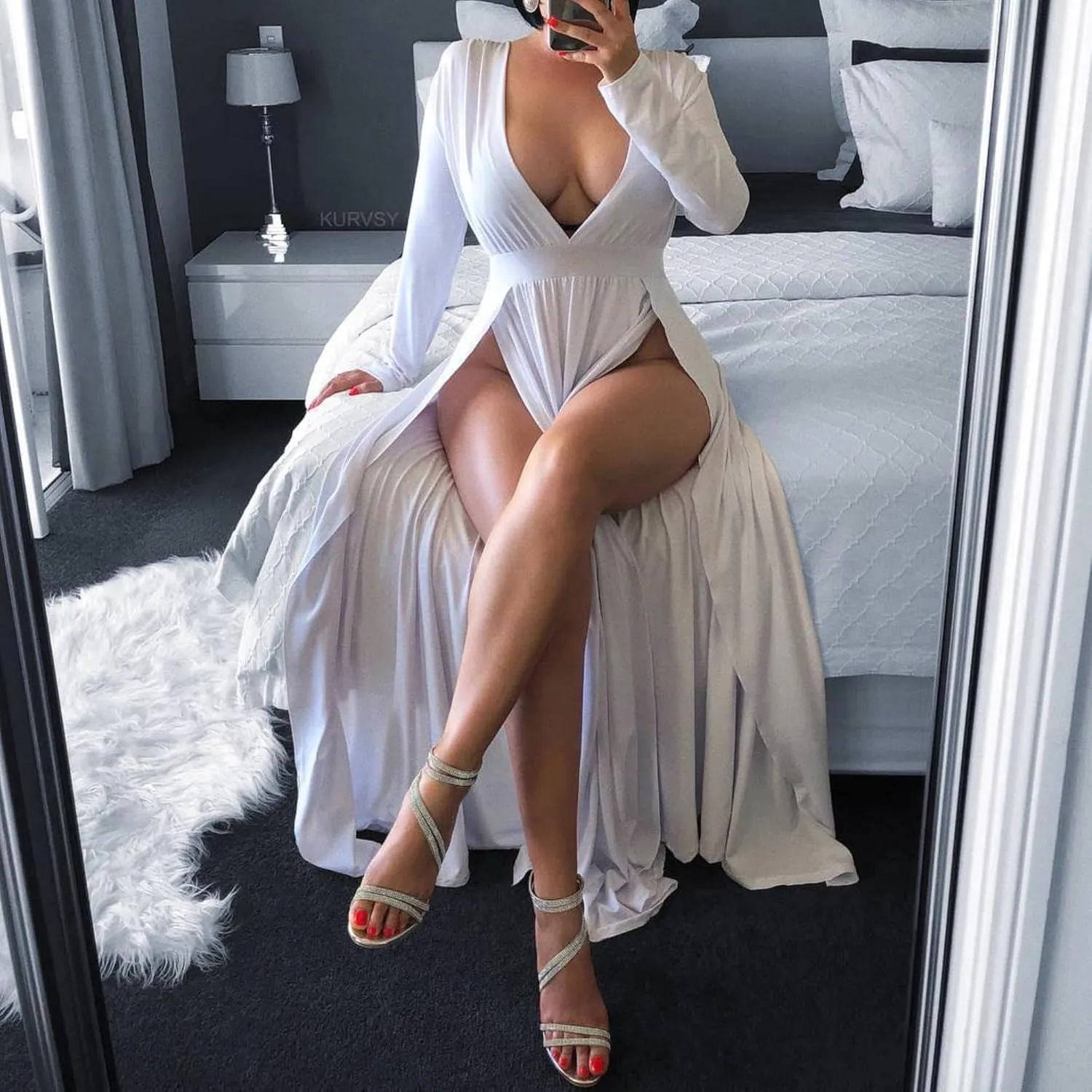 SILUI Women's Summer 2025 Sexy Double High Slit Deep V Neck Plus Size Sundresses Thigh Split Maxi Club Party Dresses