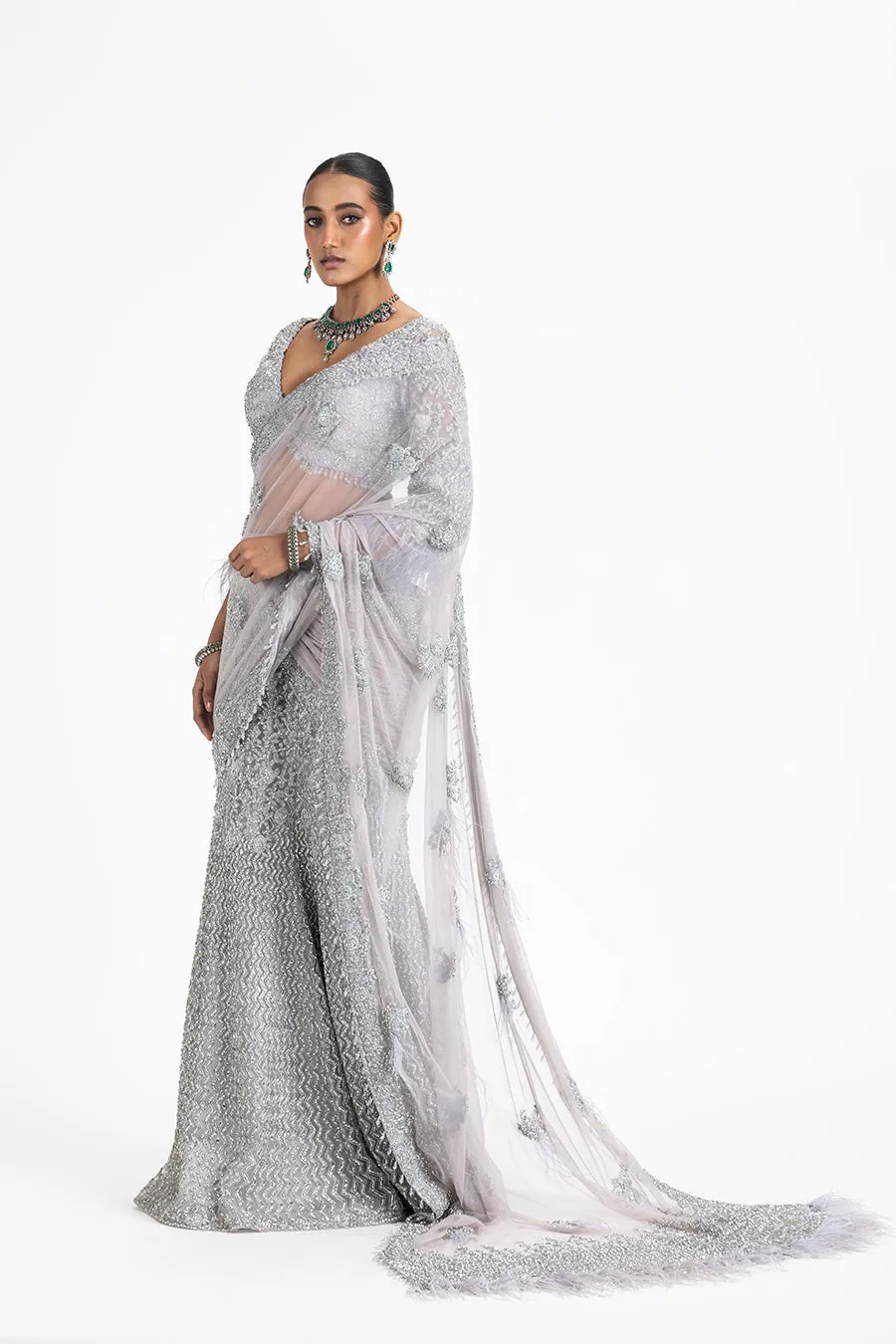 SILVER GREY SKIRT SAREE