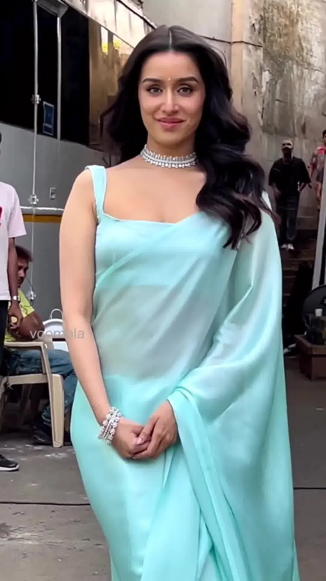 Sky color Fluffy Satin Saree with same tone silk blouse for women