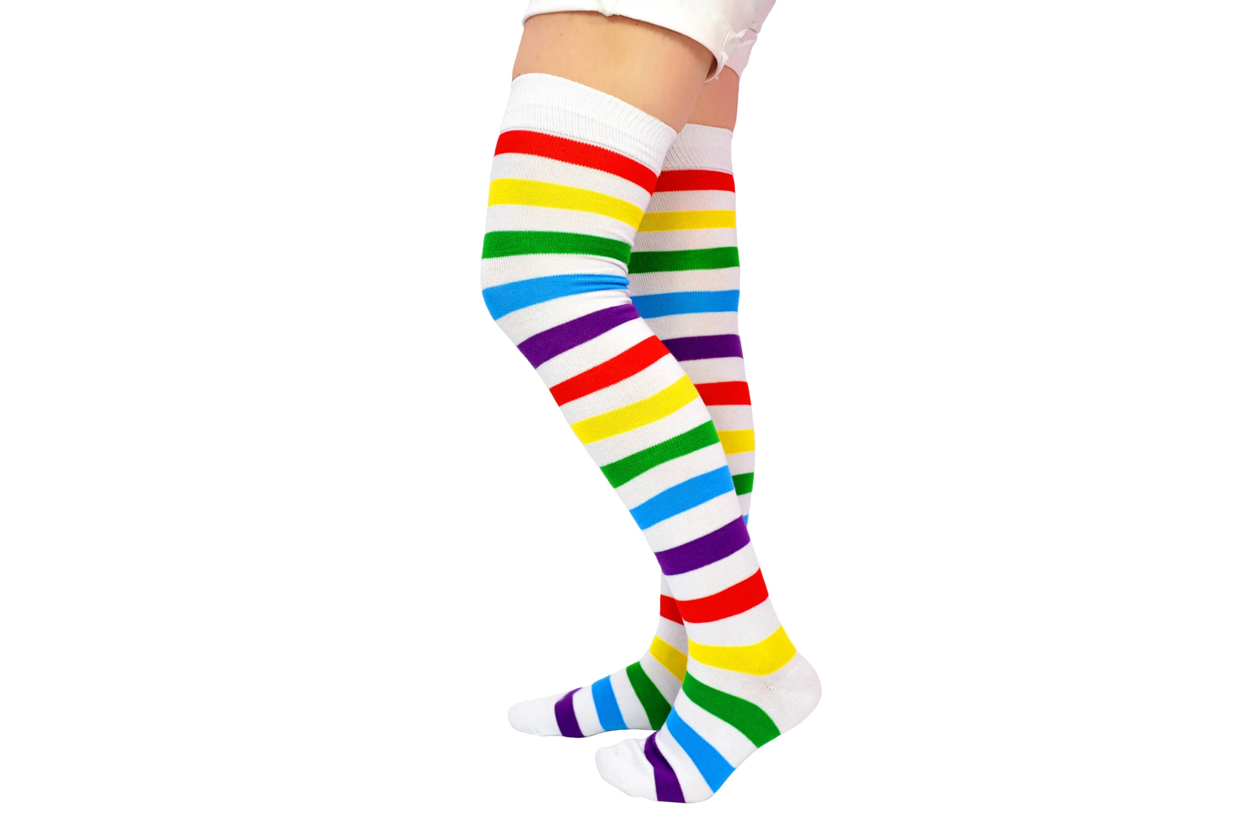 Sock House Co. Ladies Rainbow Thigh High Socks: White Rainbow