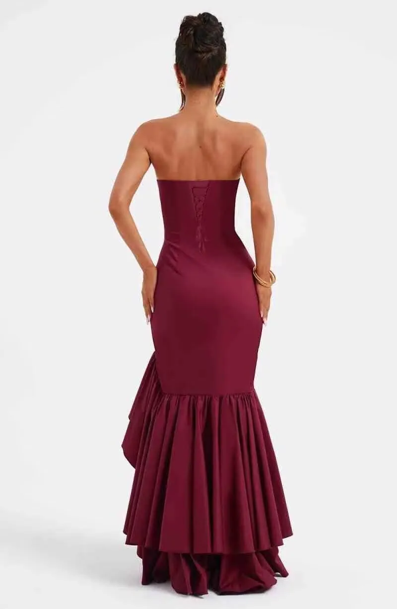 SoDigne Ruffled Long Satin Prom Dress for Women Strapless Mermaid Maxi Formal Evening Gown with Slit