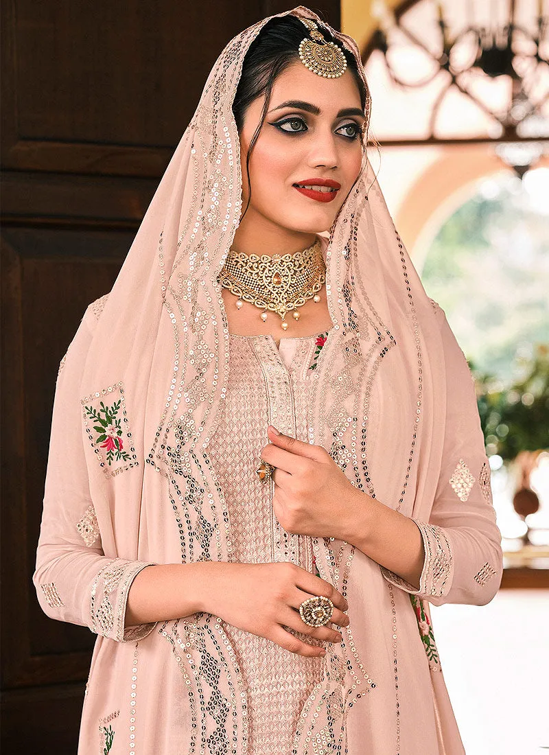 Soft Peach Kashmiri Embroidered Designer Palazzo Suit