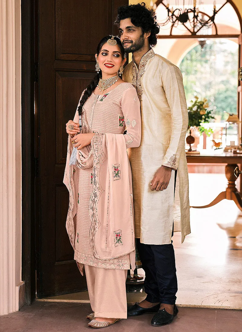 Soft Peach Kashmiri Embroidered Designer Palazzo Suit