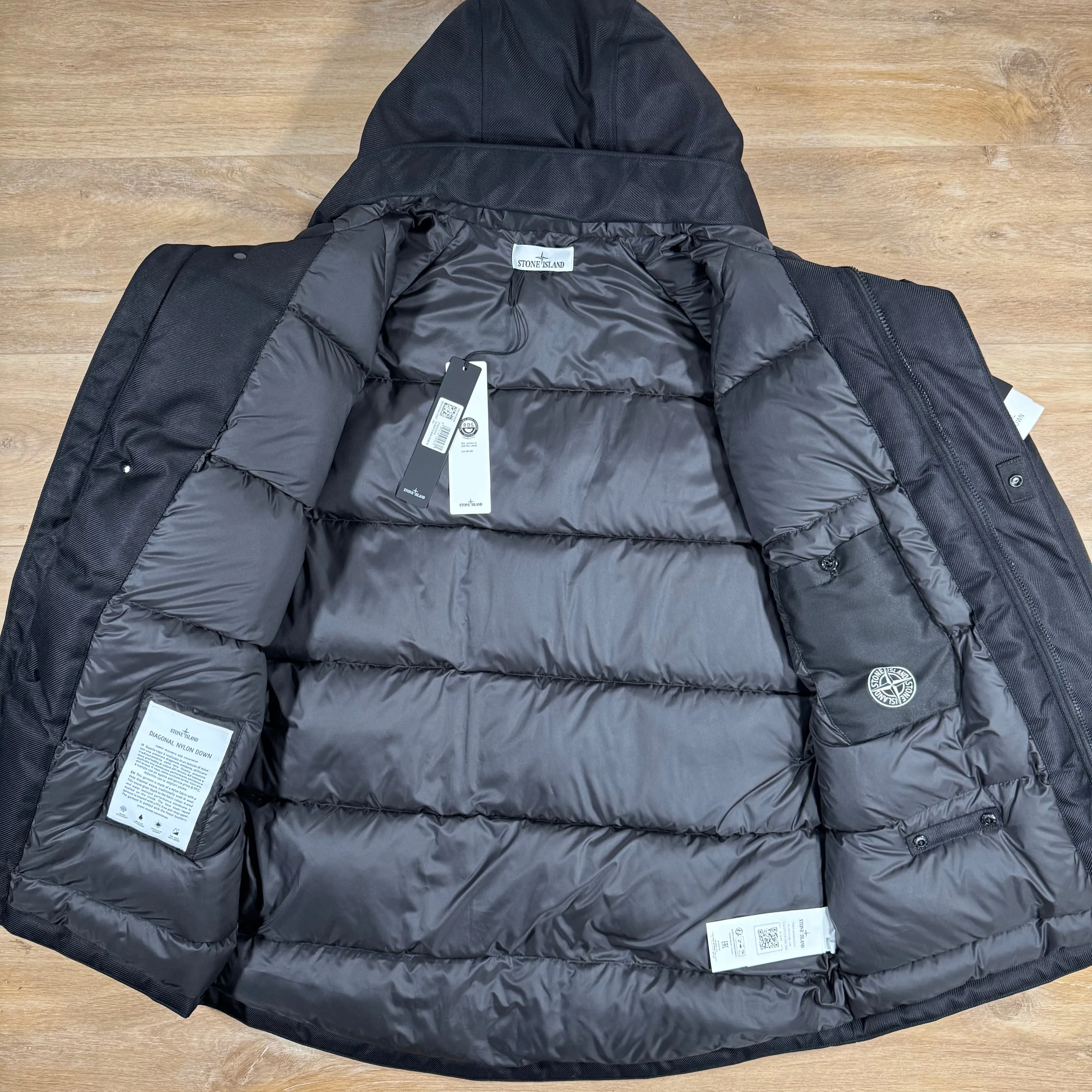 Stone Island Diagonal Nylon Down Parka in Black